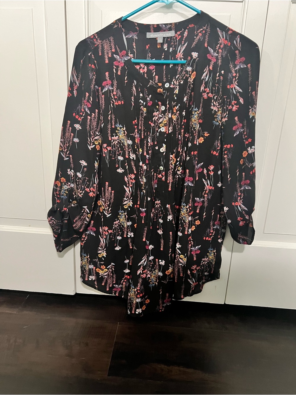 Daniel Rainn Black Floral Button-Up Blouse with Pink and Yellow Accents